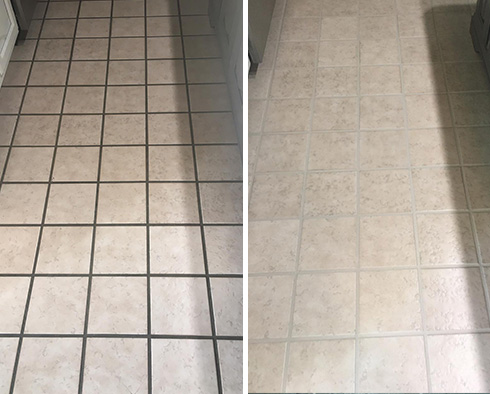 Kitchen Floor Before and After a Grout Cleaning in Milton
